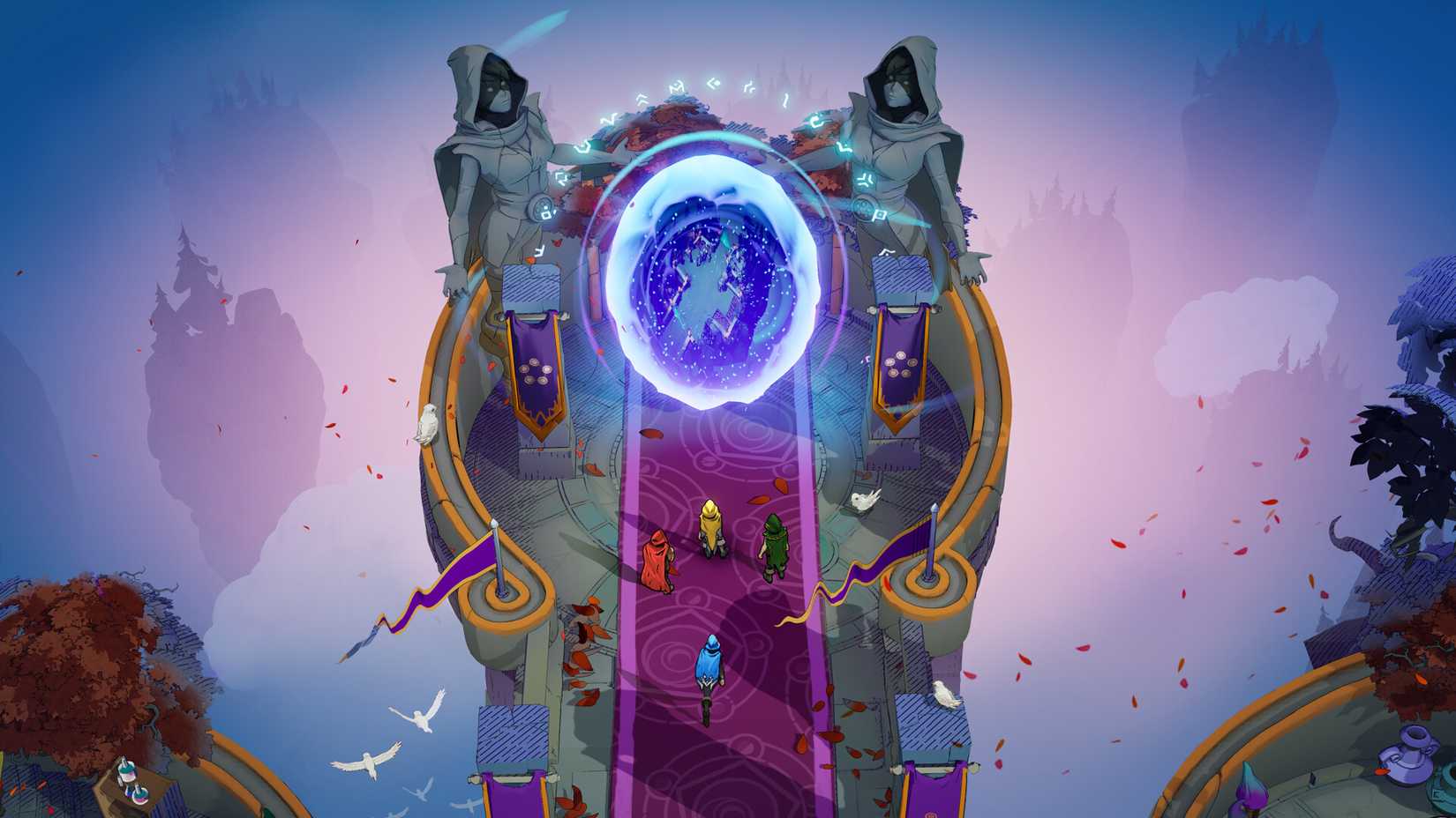 Four wizards in different colored cloaks approach a portal in Wizard of Legend 2