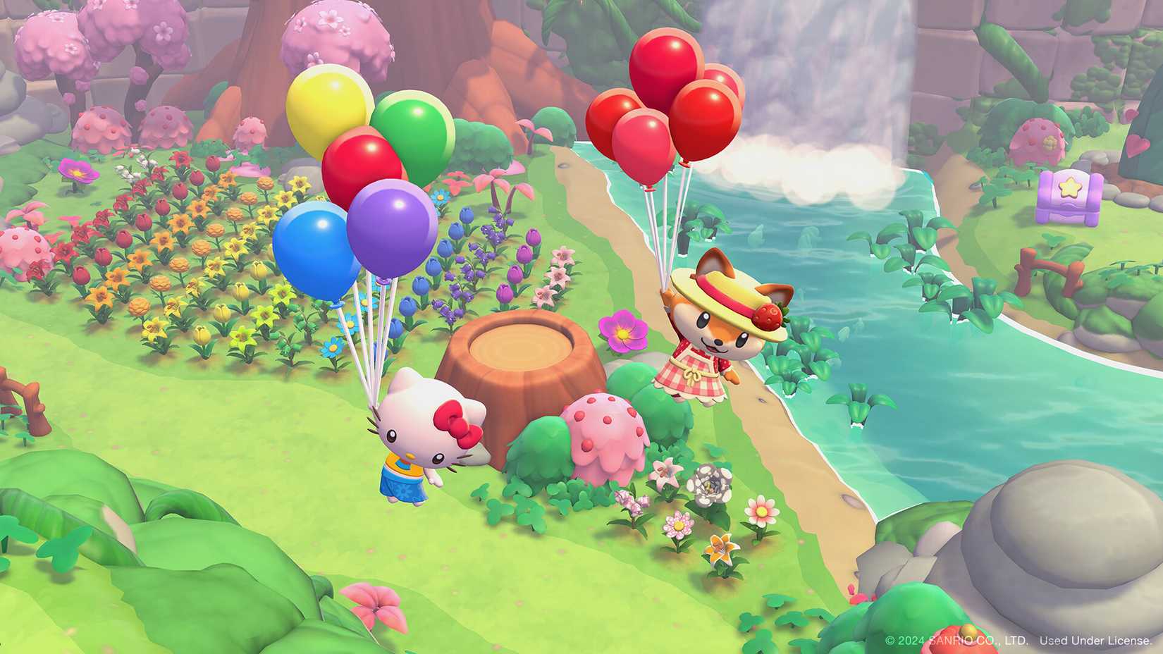 Hello Kitty and a fox-like character float with balloons in Hello Kitty Island Adventure.