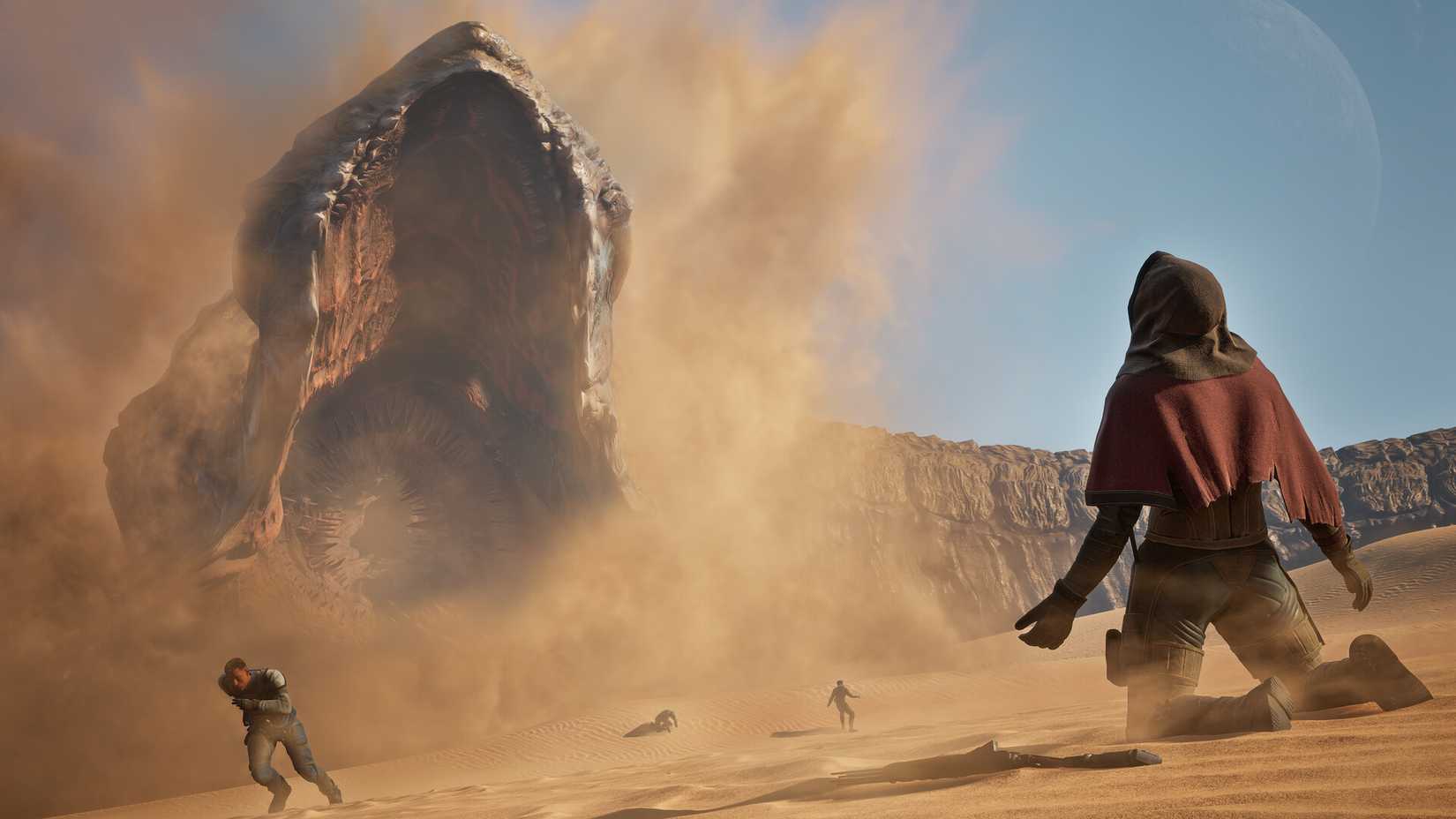 A person on their knees in front of a huge sandworm in Dune: Awakening