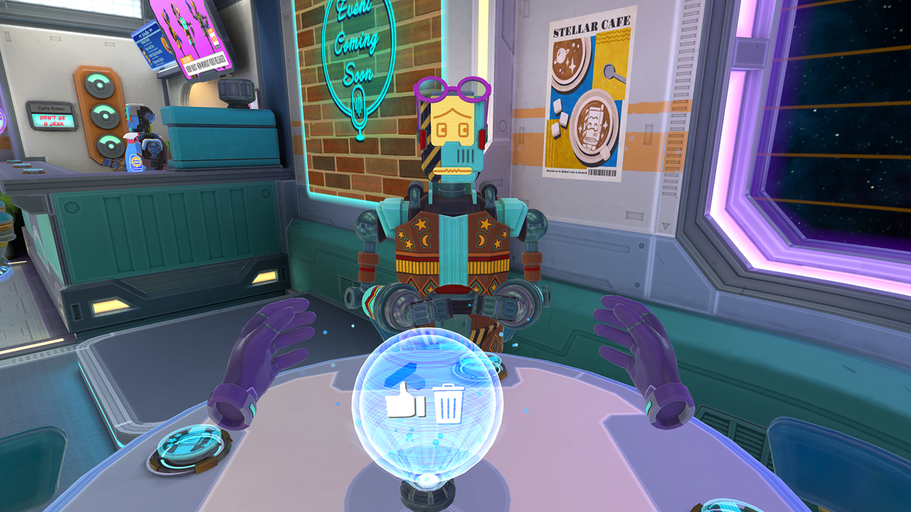 A robot sits in front of a crystal ball in Stellar Cafe.