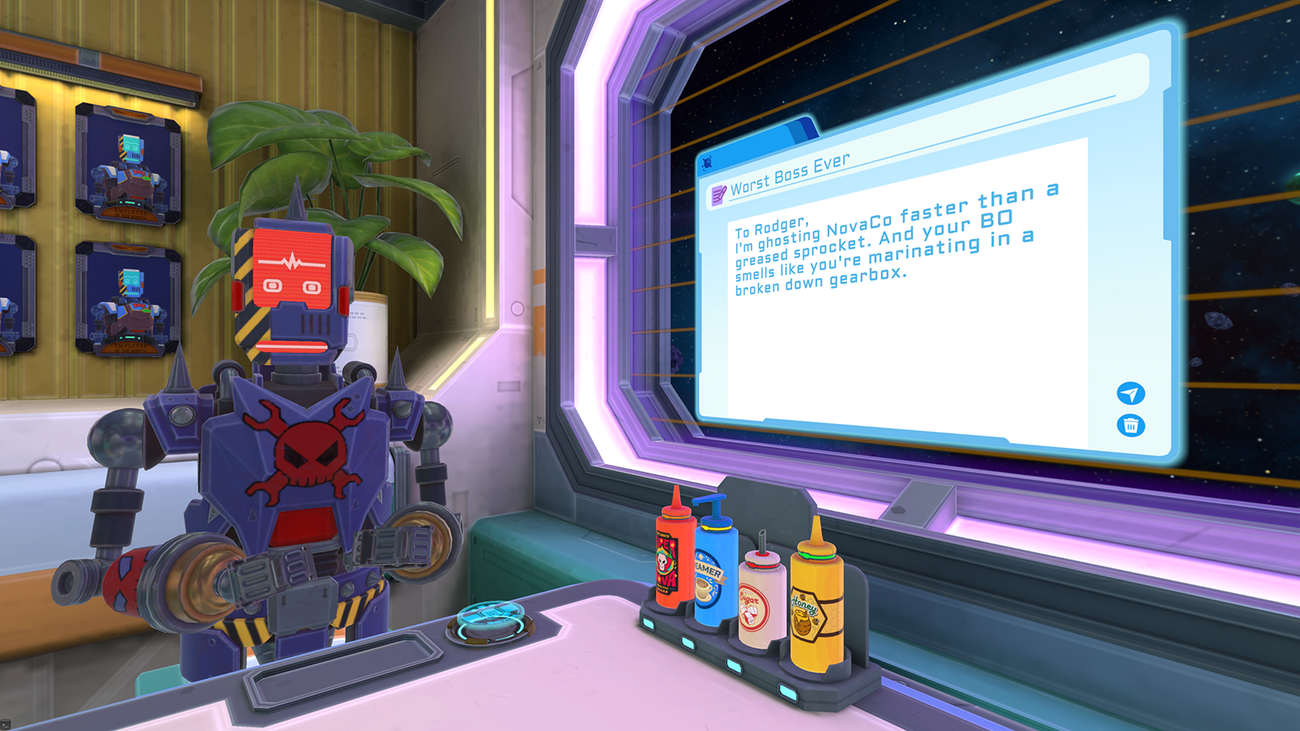 A robot composes an email in Stellar Cafe.