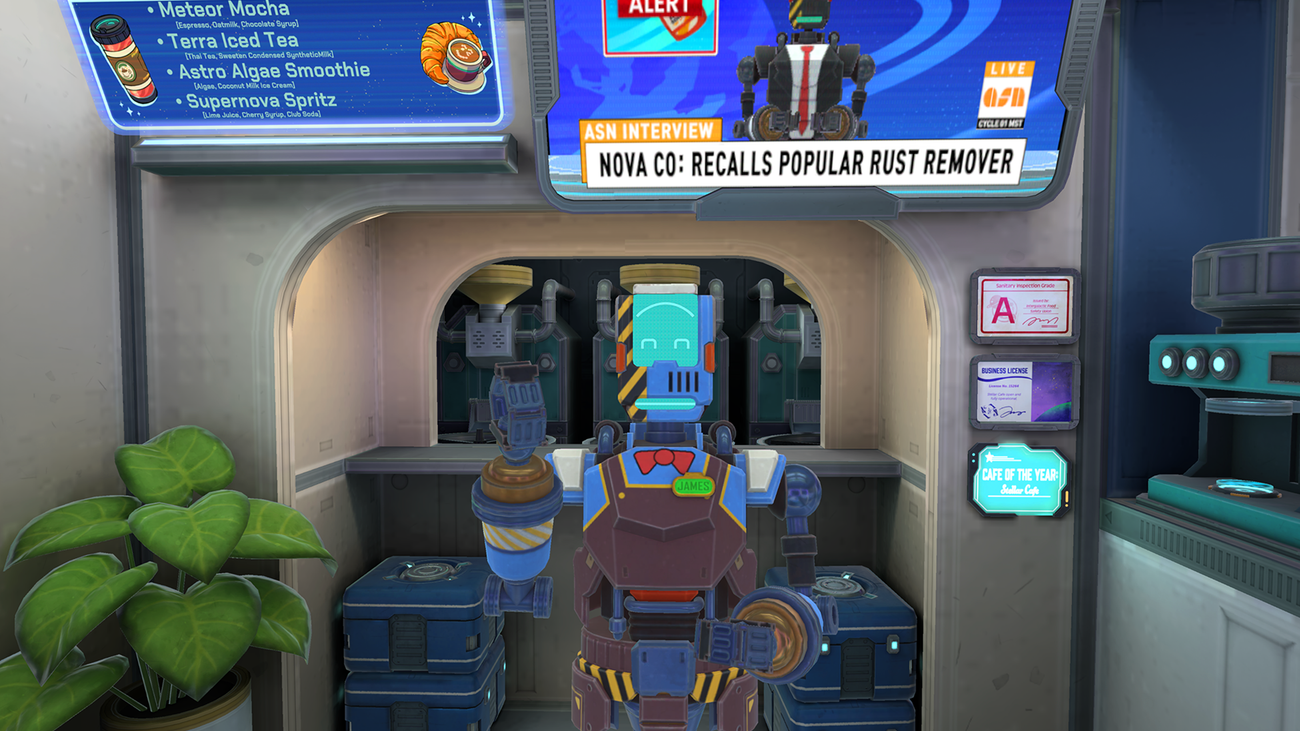 James, a robotic barista, stands behind a counter in Stellar Cafe.