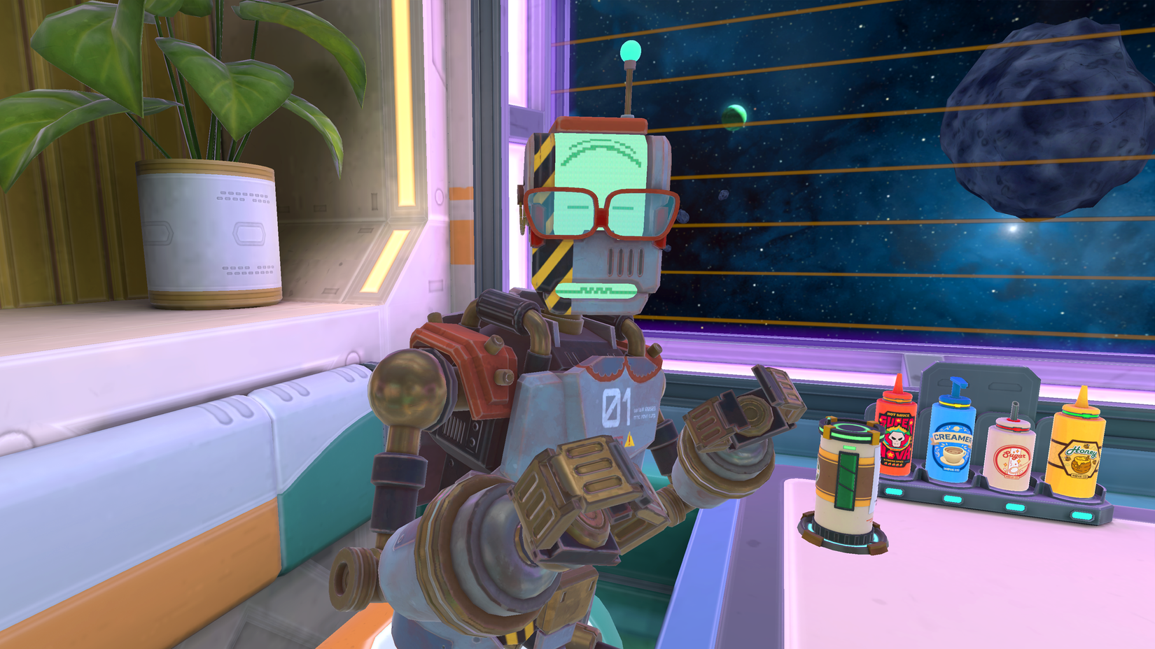 A robot sits in a booth in Stellar Cafe.