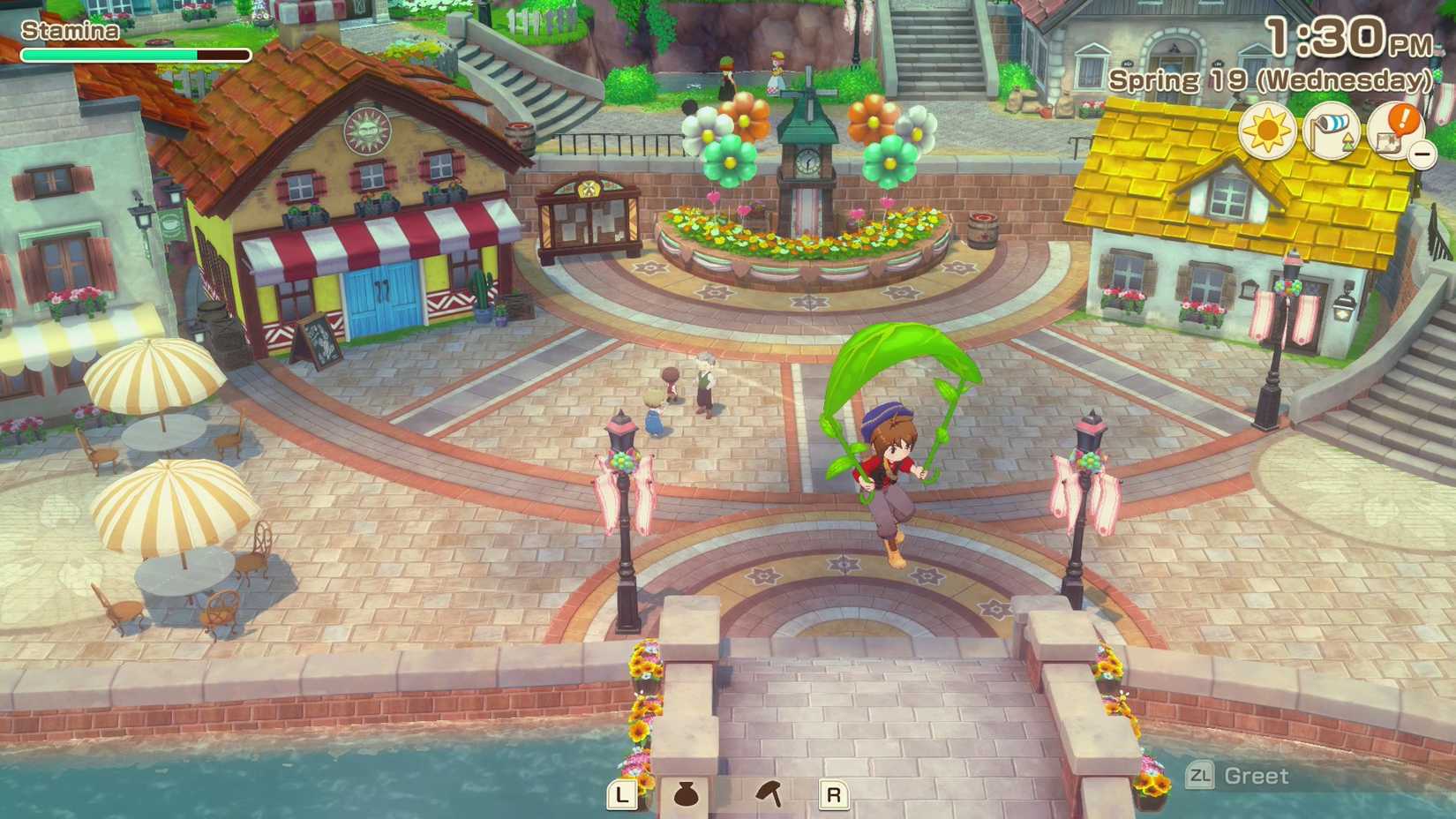 A player hang-glides over Zephyr Town in Story of Seasons: Grand Bazaar.