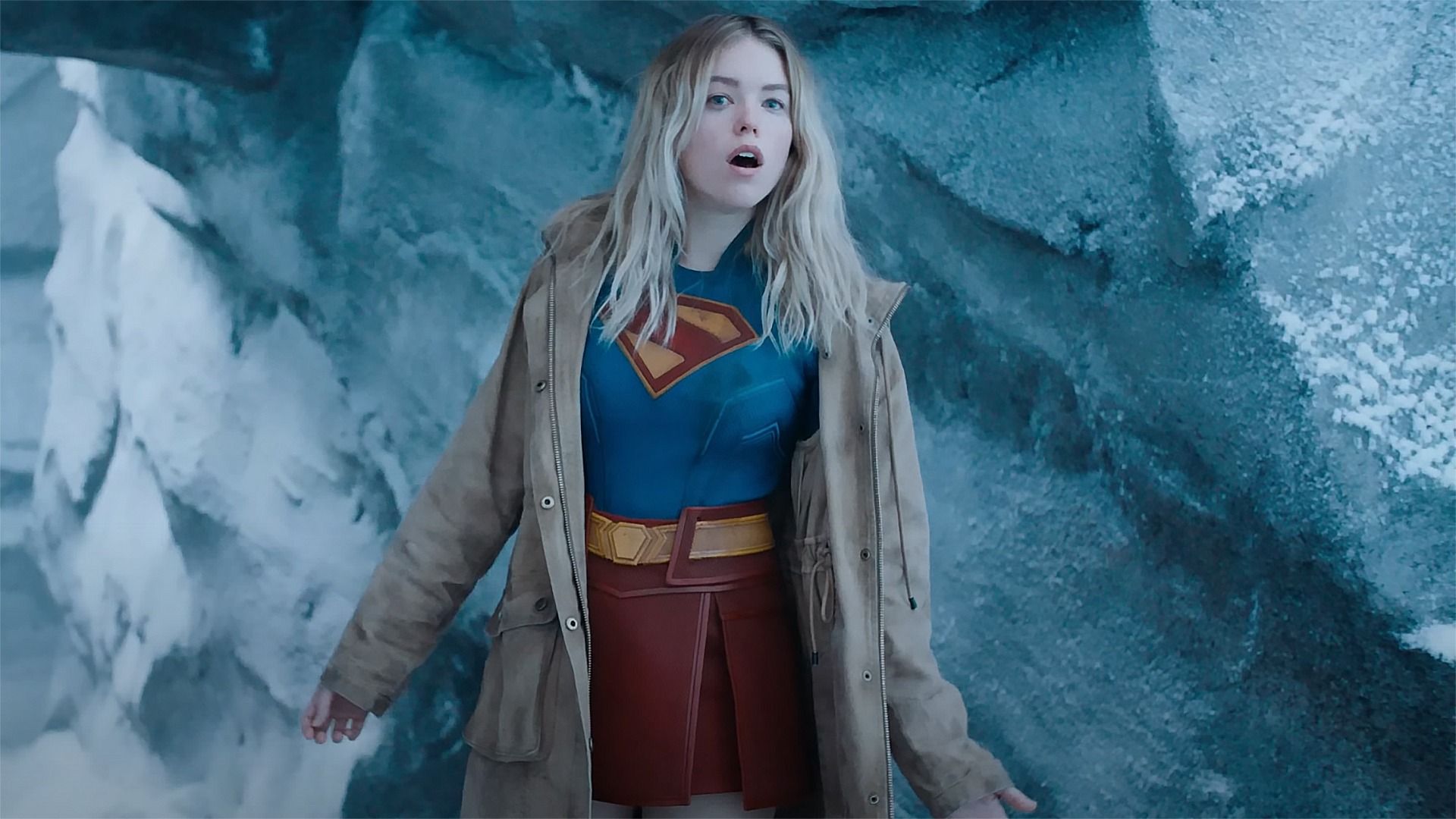 In a scene from the 2025 film Superman, Supergirl is introduced, stumbling into Superman's Fortress of Solitude