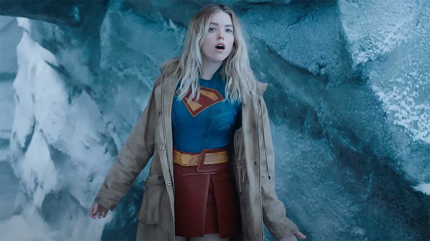 In a scene from the 2025 film Superman, Supergirl is introduced, stumbling into Superman's Fortress of Solitude