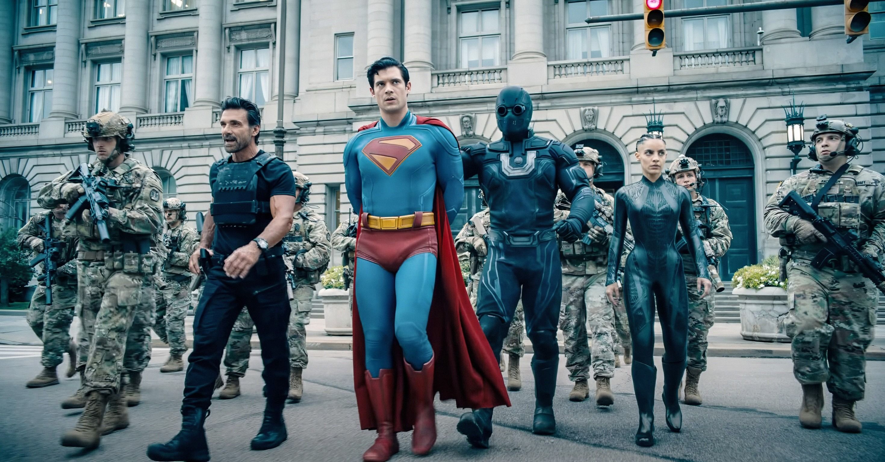 Superman gives himself up to the authorities in a scene from James Gunn's 2025 film Supreman