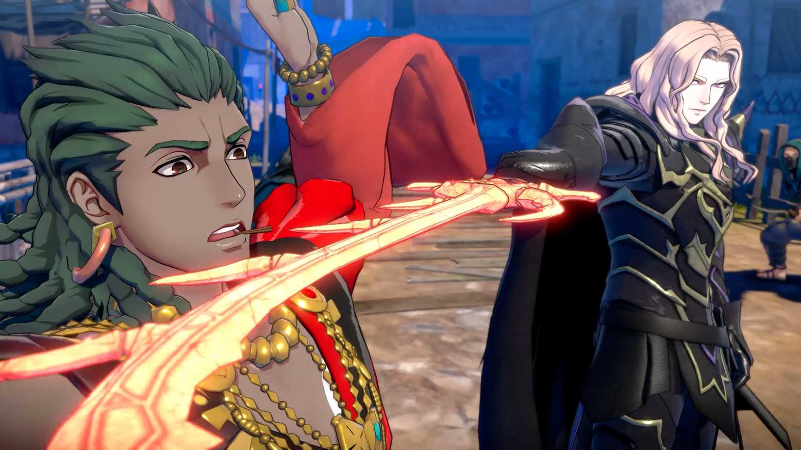 Fire Emblem character holds a flaming sword to the neck of another Fire Emblem character
