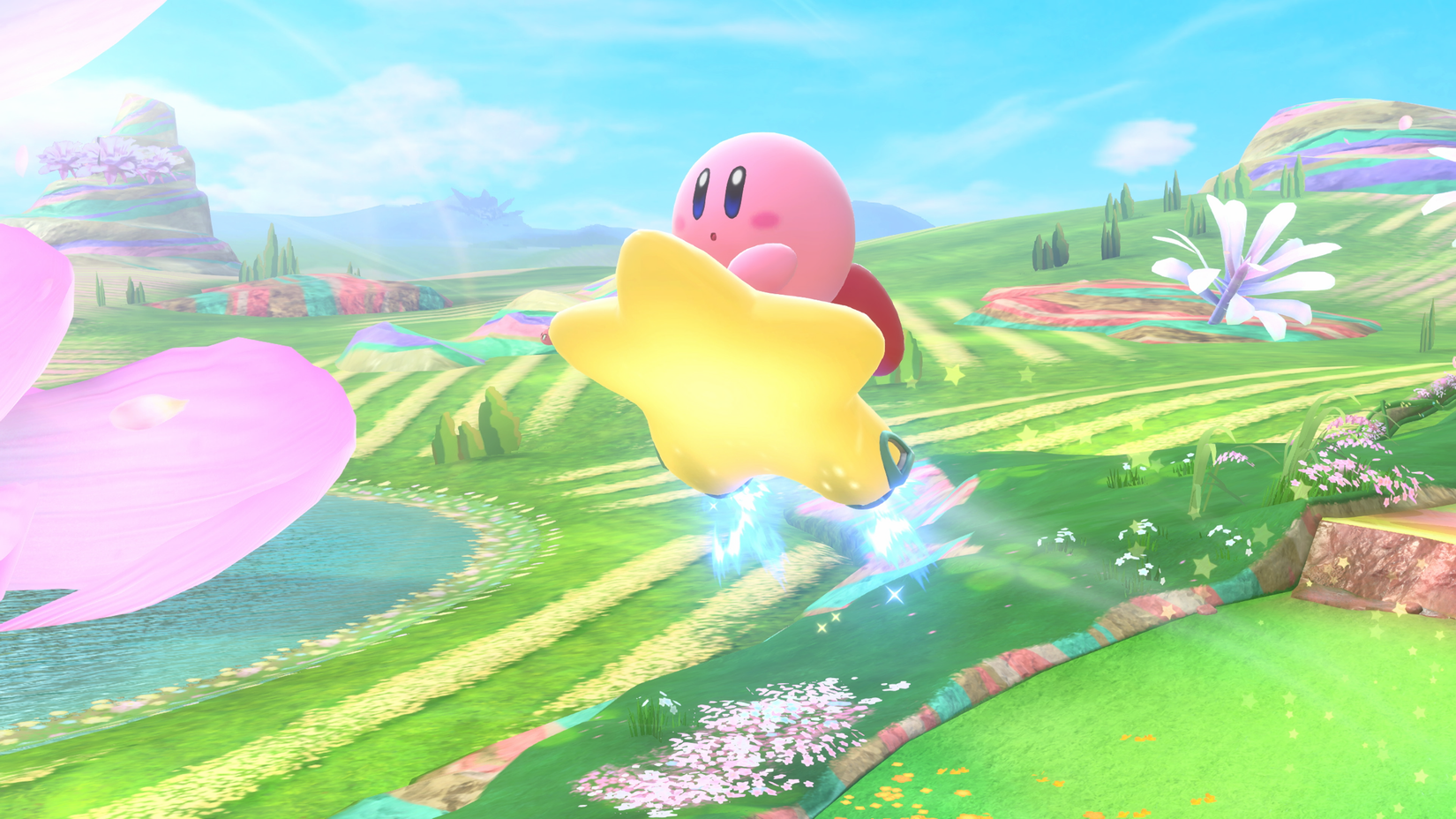 Kirby soars high over a colorful landscape on the star machine in Kirby Air Riders
