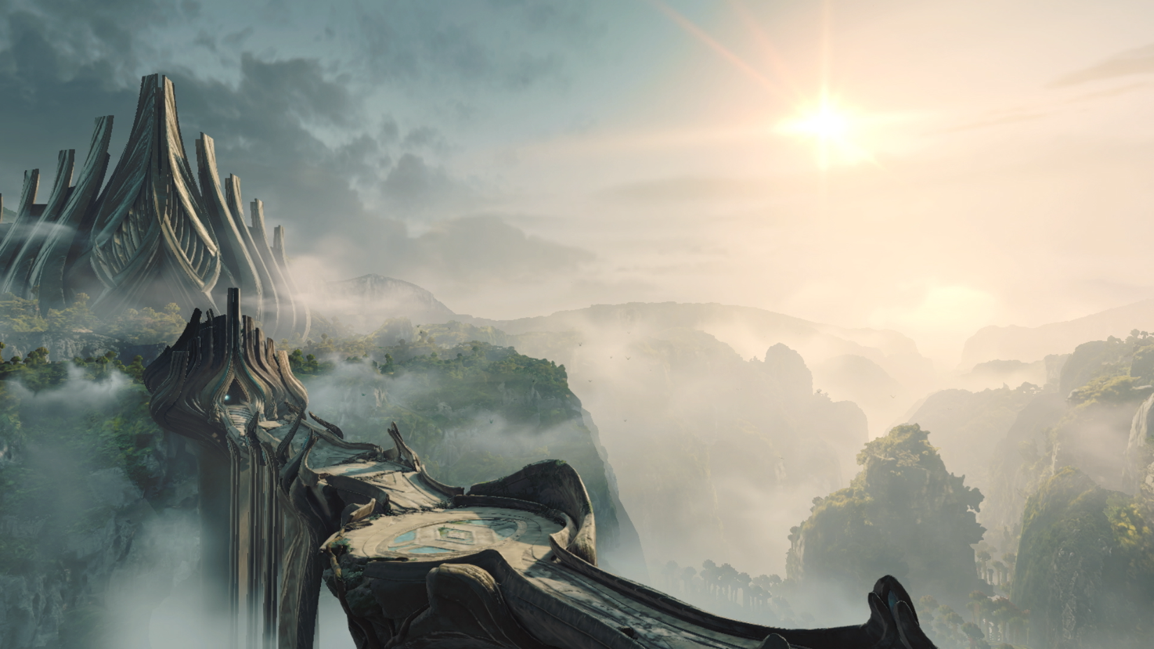 Clouds swirl around a bridge in Fury Green in Metroid Prime 4