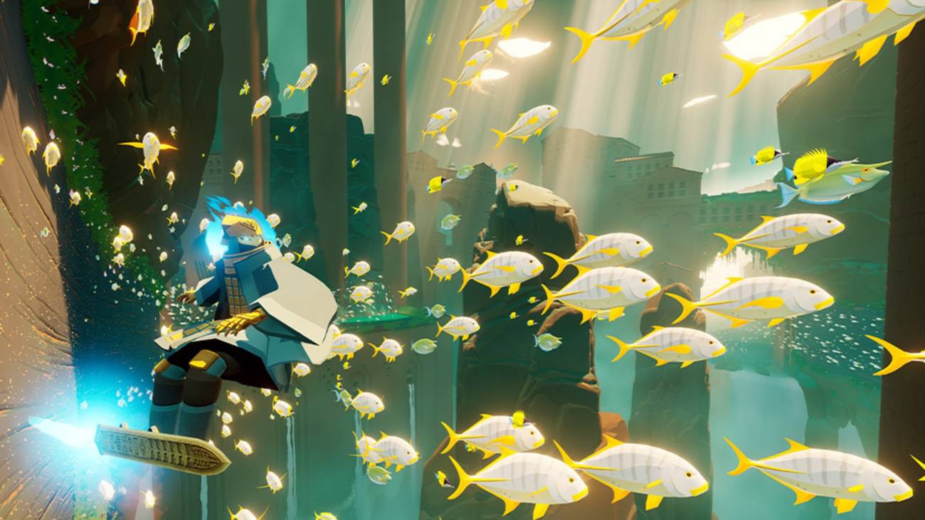 The surfer wallrides in Sword of the Sea next to fishes who are swimming toward the best games of 2025