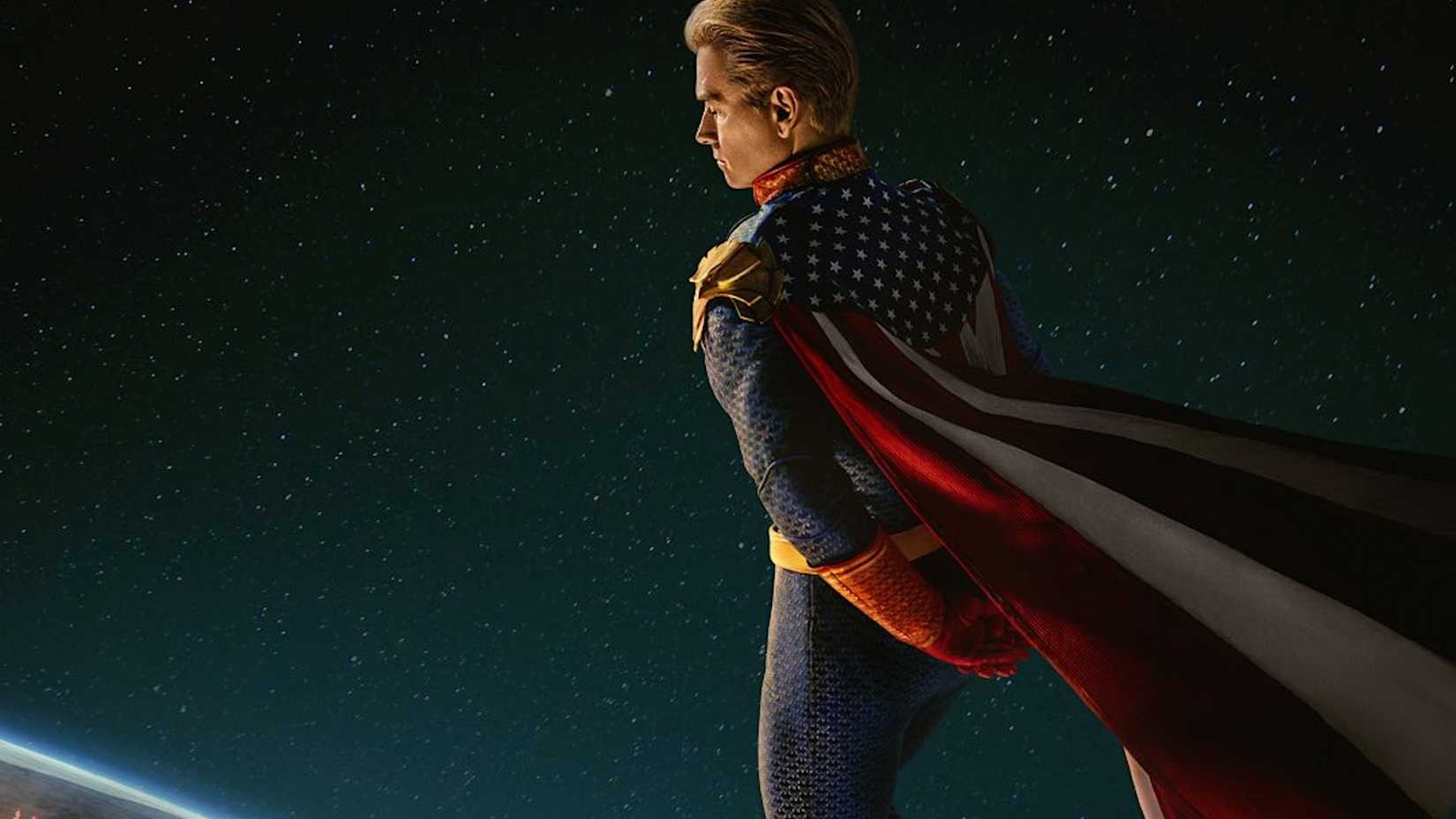 A promotional shot for The Boys season 5 featuring Homelander surveying the Earth from space.