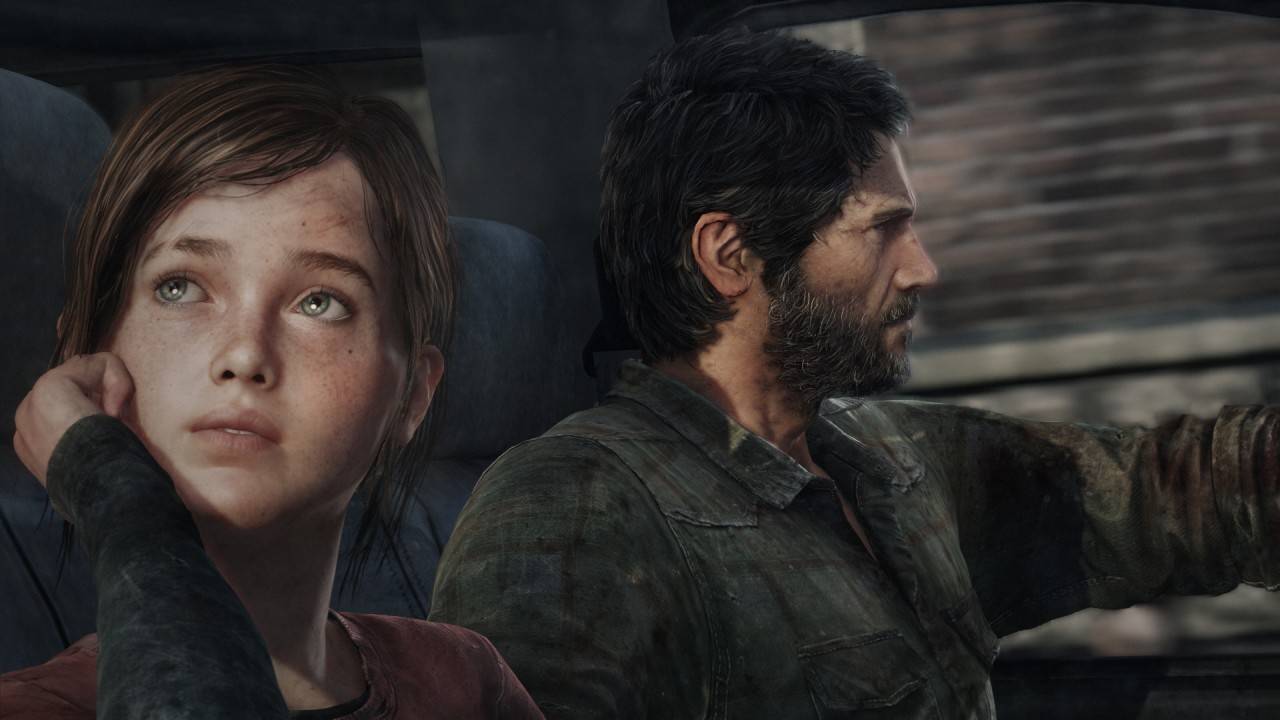 Joel and Ellie sit in a car in The Last of Us.