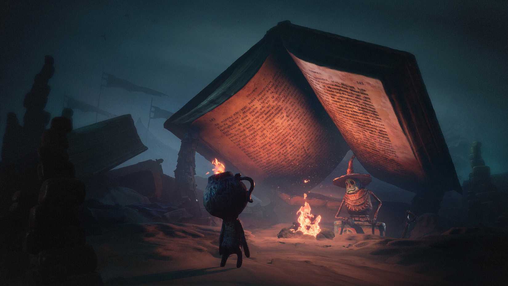 A little guy with a flaming pot for a head addresses a figure wearing a pointy hat sheltering under a giant book in The Midnight Walk