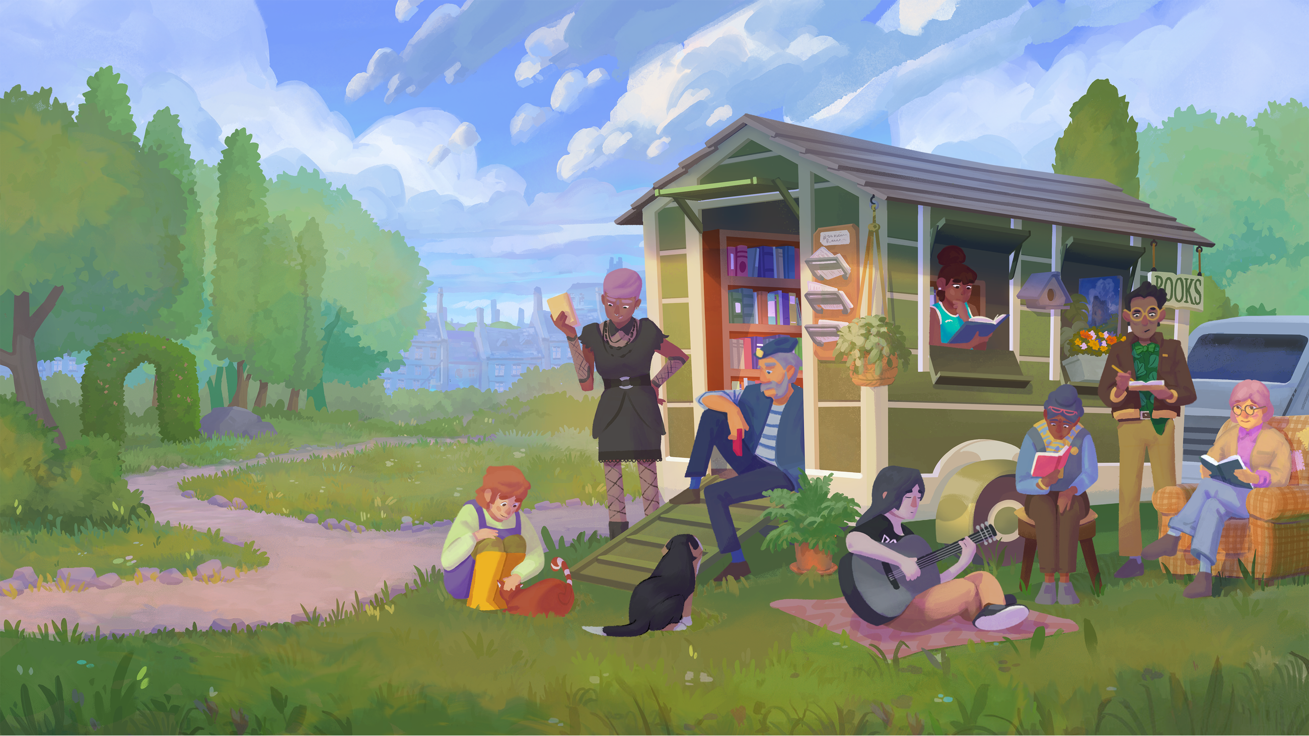 Book buyers stand outside a tiny bookshop hut in Tiny Bookshop