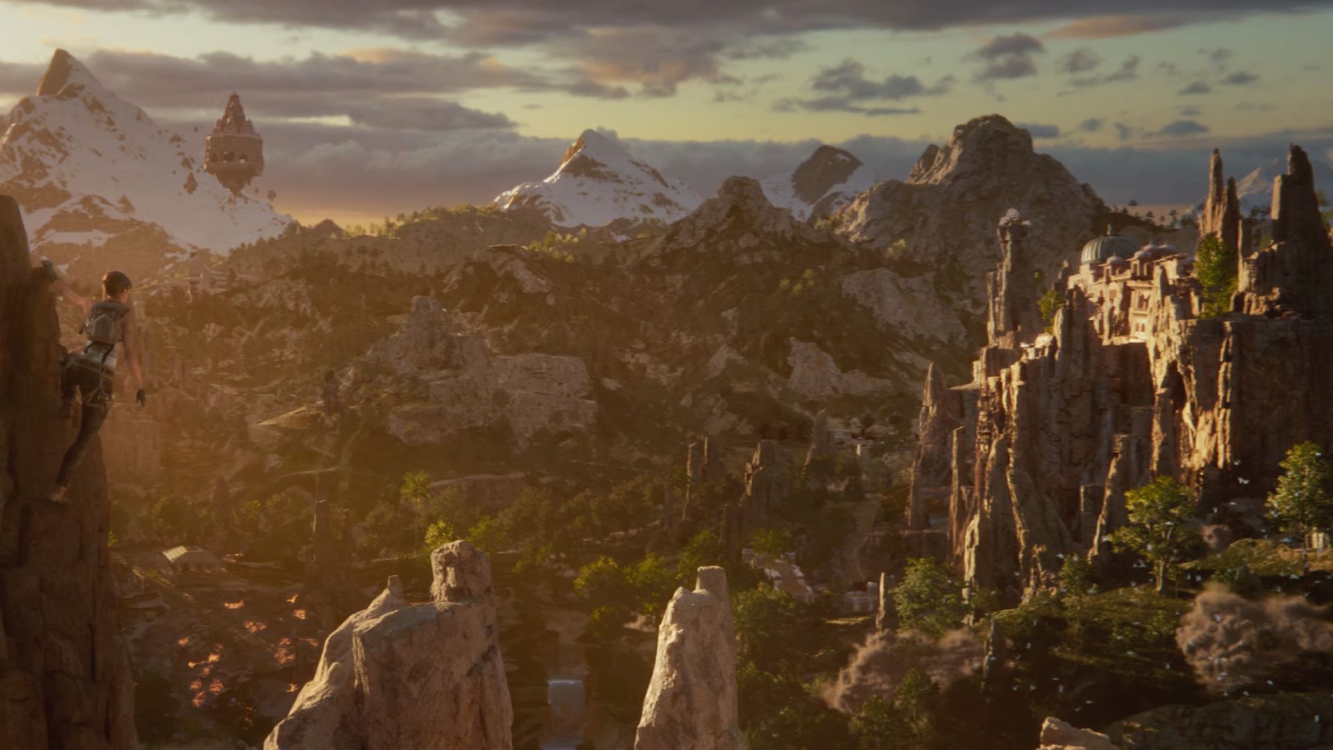 Lara hangs off a rock formation, overlooking the game's landscape.