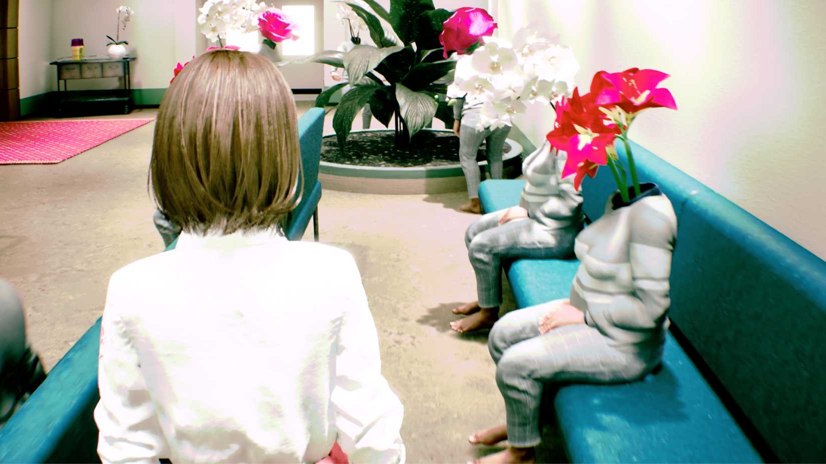 Me's protagonist walks into a waiting room where all patients have sprouted flowers in place of their heads.