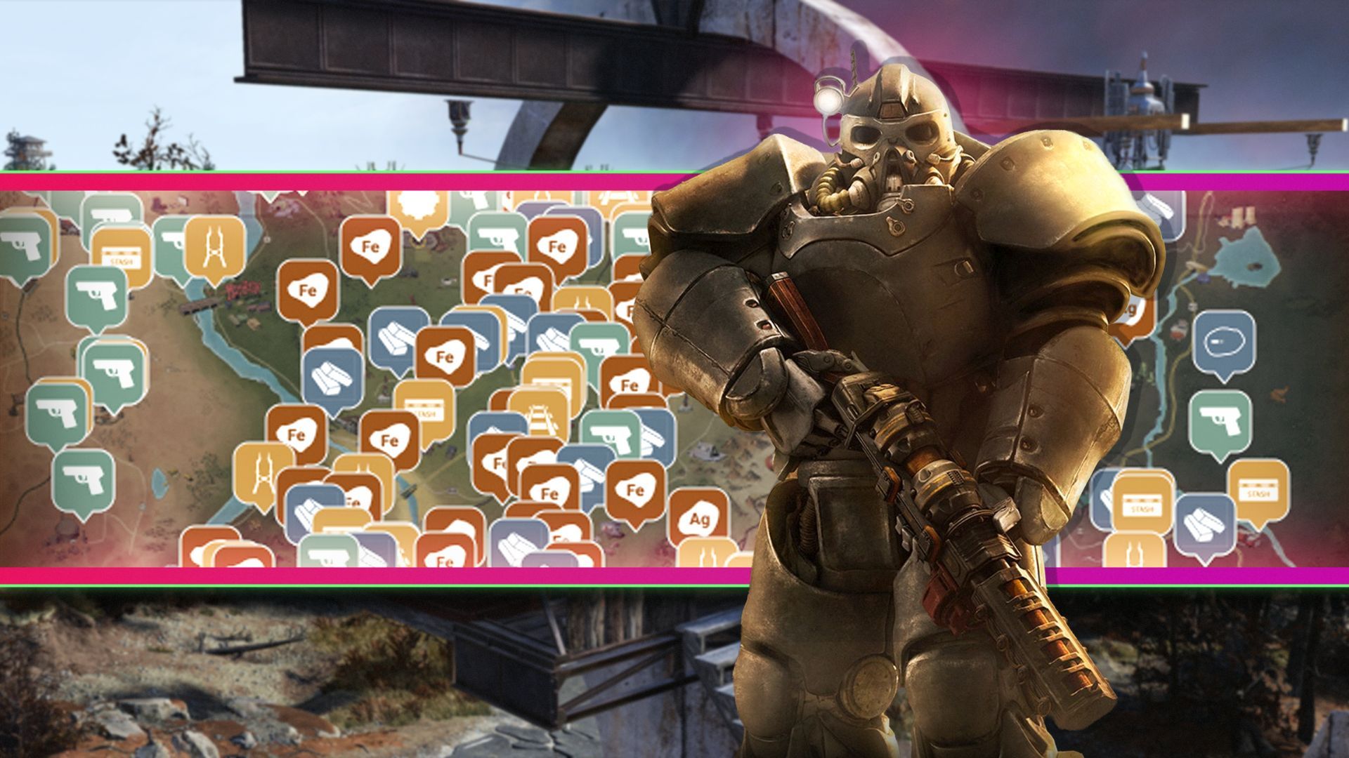 Fallout 76 power armor in front of zoomed in image of interactive map