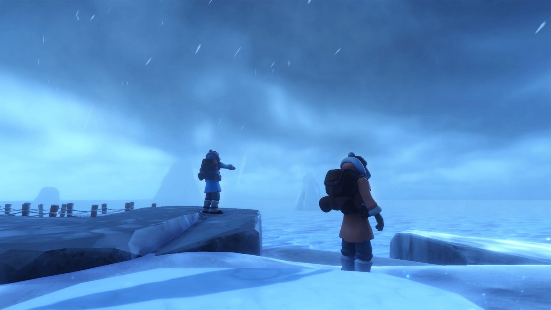 Two characters stand on an iceberg in We Were Here Together