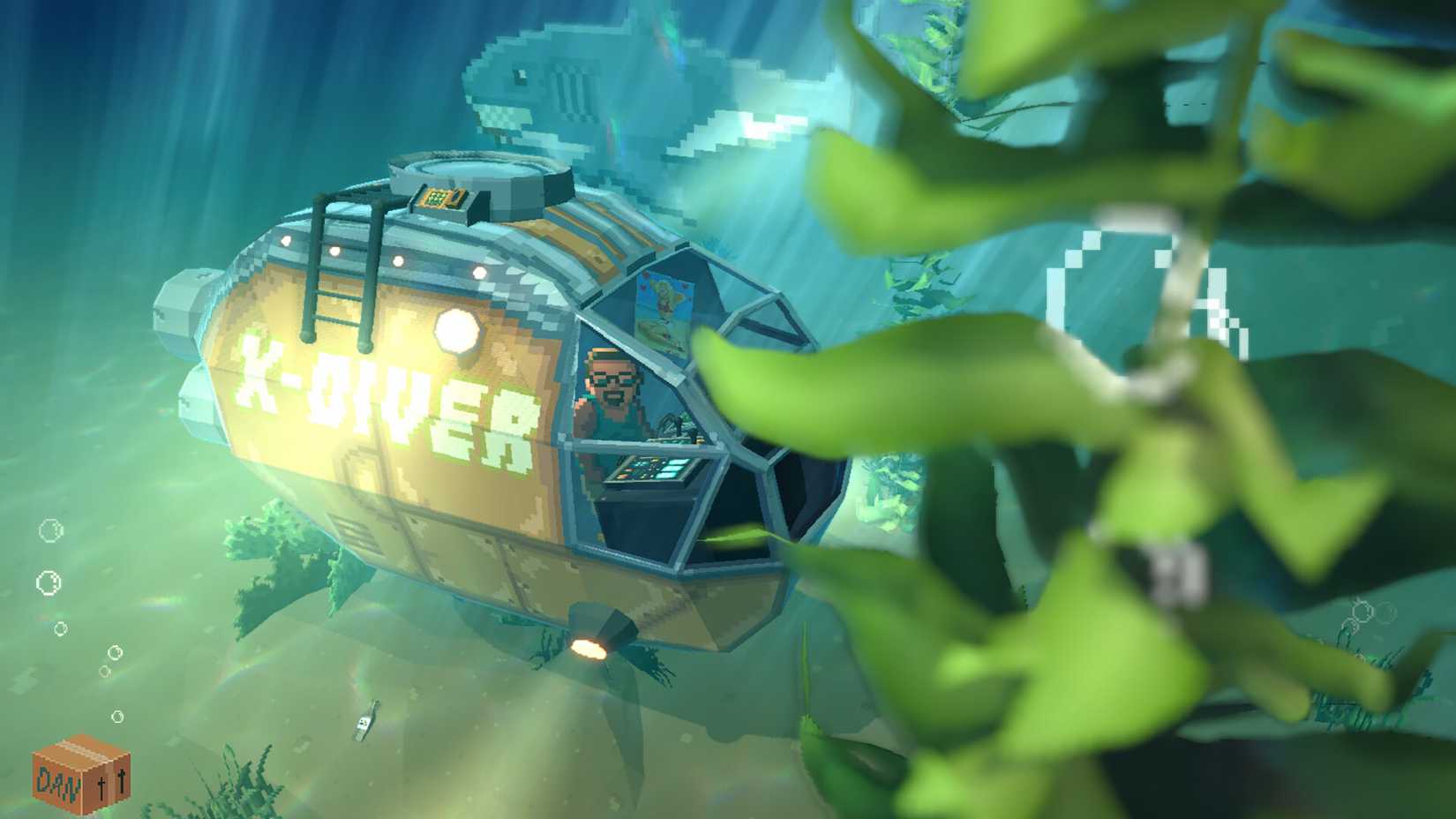 Wildwood Down screenshot showing a man underwater in a submarine