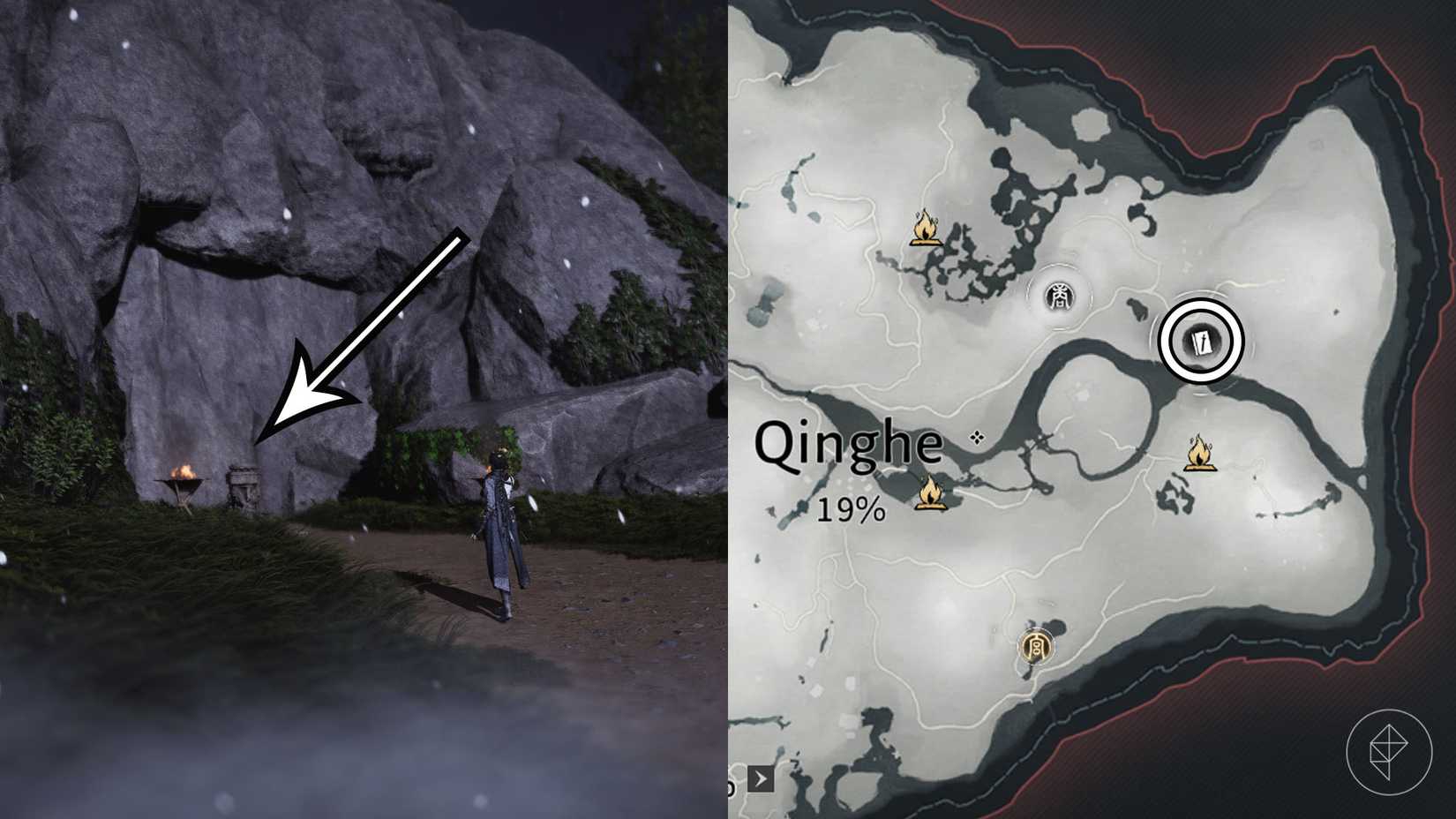 A montage using two Where Winds Meet screenshots showing where players find the Heavenquaker Spear martial art