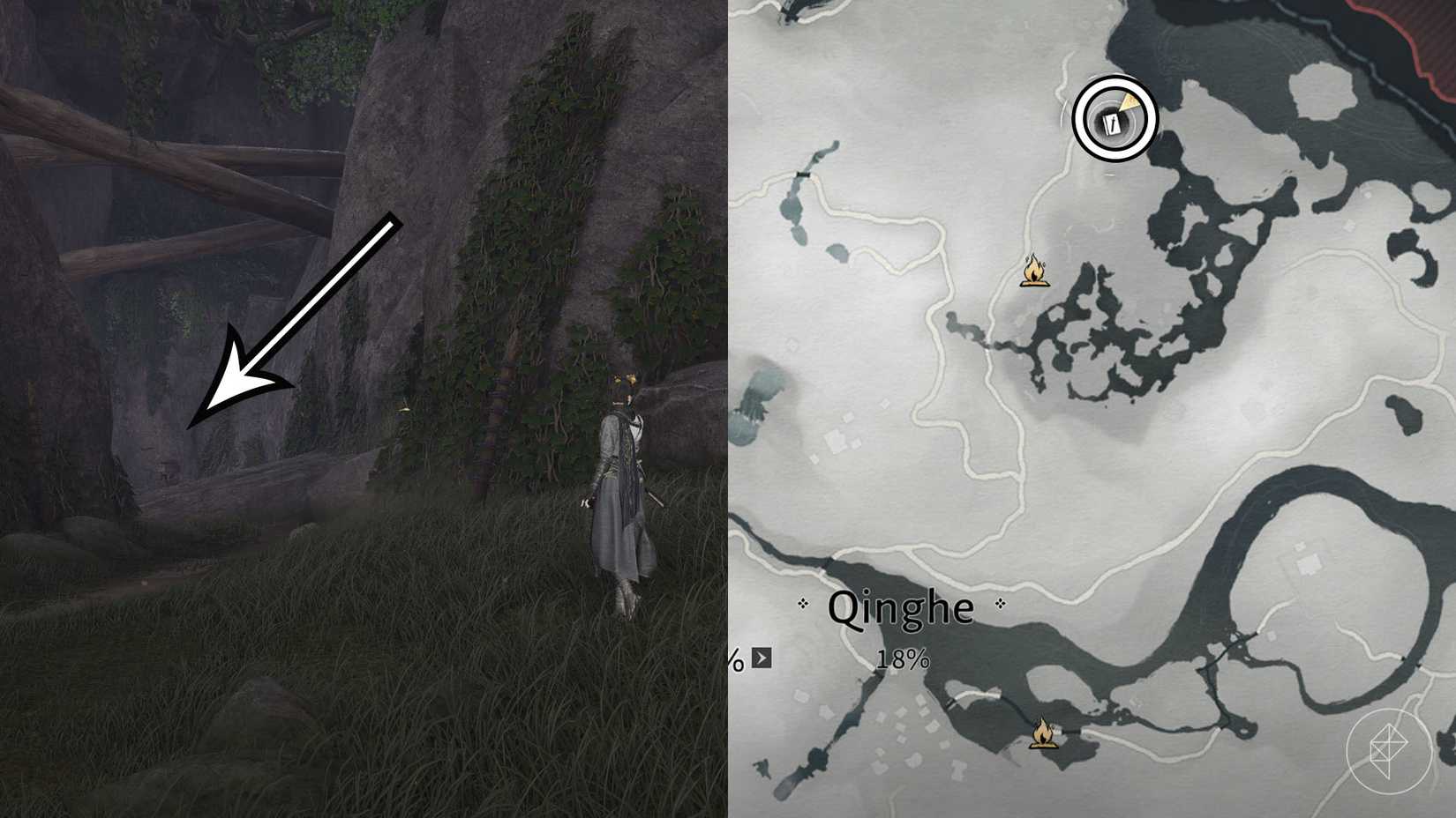 A montage using two Where Winds Meet screenshots showing where players find the Inkwell Fan martial art