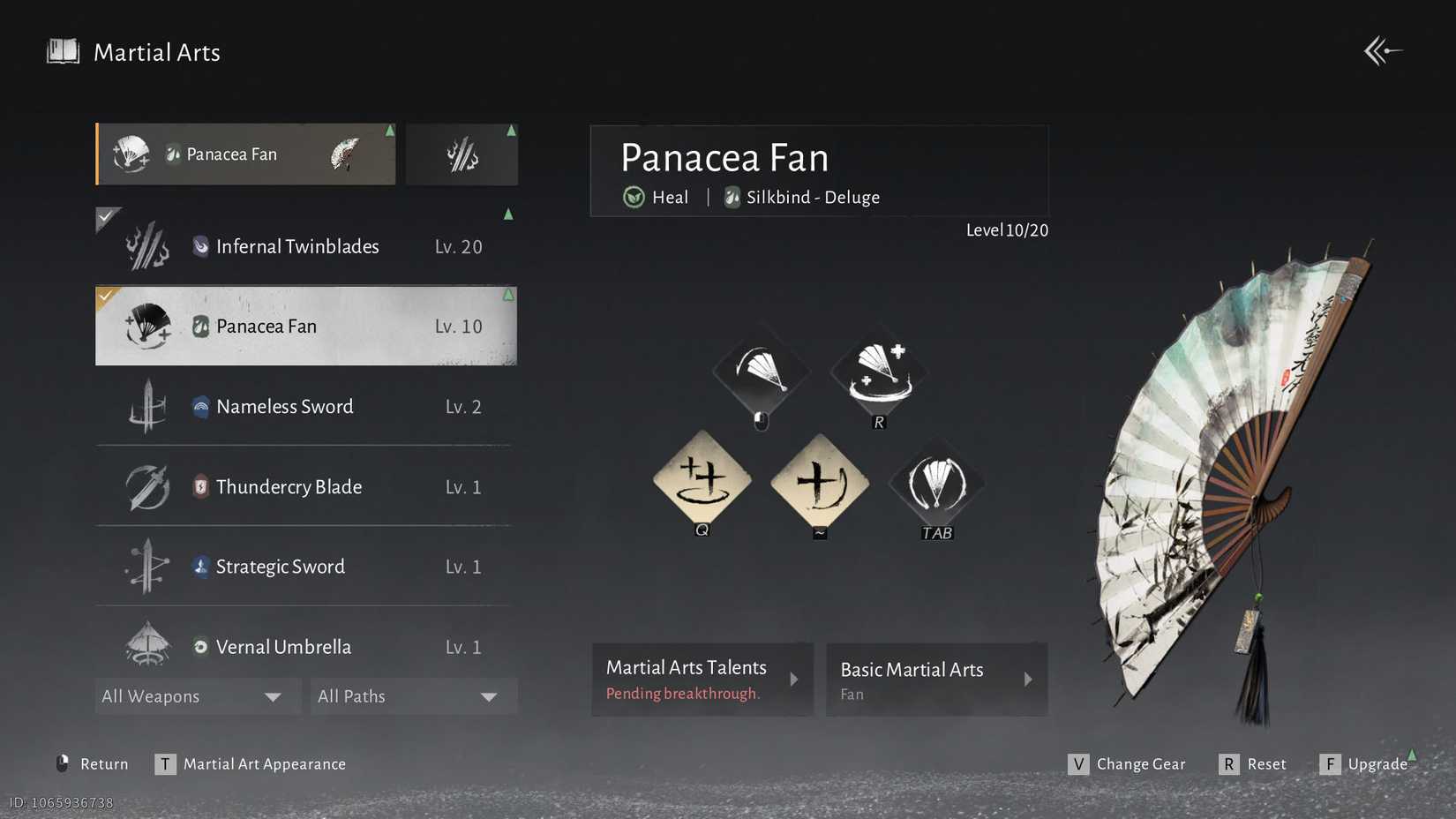 A Where Winds Meet screenshot showing the abilities menu and the list of martial arts.