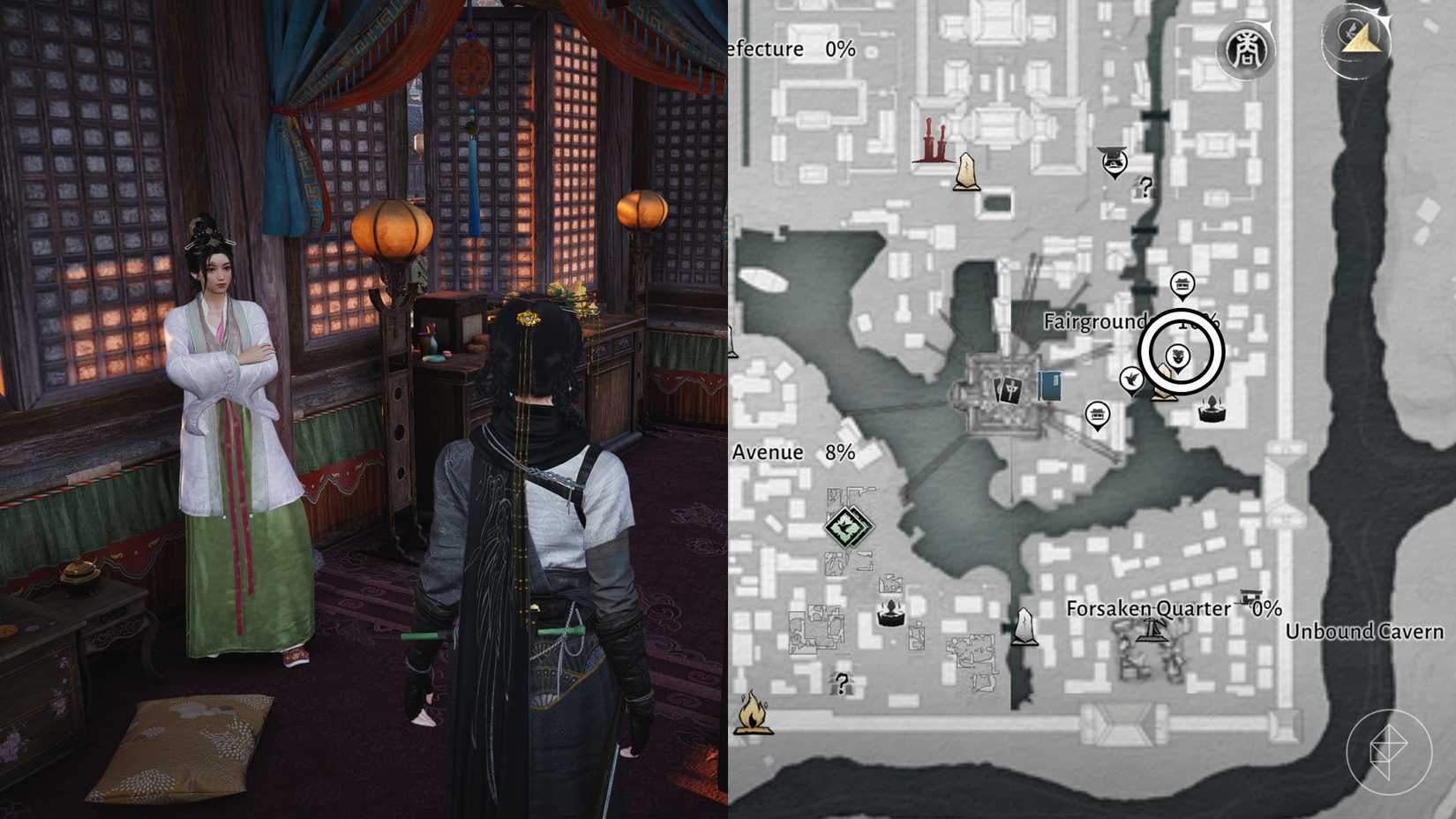 A montage using two Where Winds Meet screenshots showing where players find the Disguise Shop