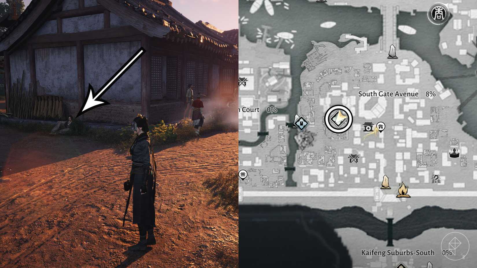 A montage using two Where Winds Meet screenshots showing where players find the Mysterious Elder 