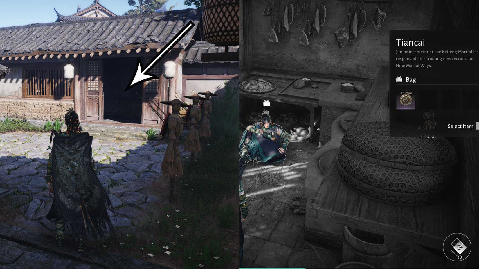 A montage using two Where Winds Meet screenshots showing where players find the Tiancai and unlock the Mortal Rope Dart martial art