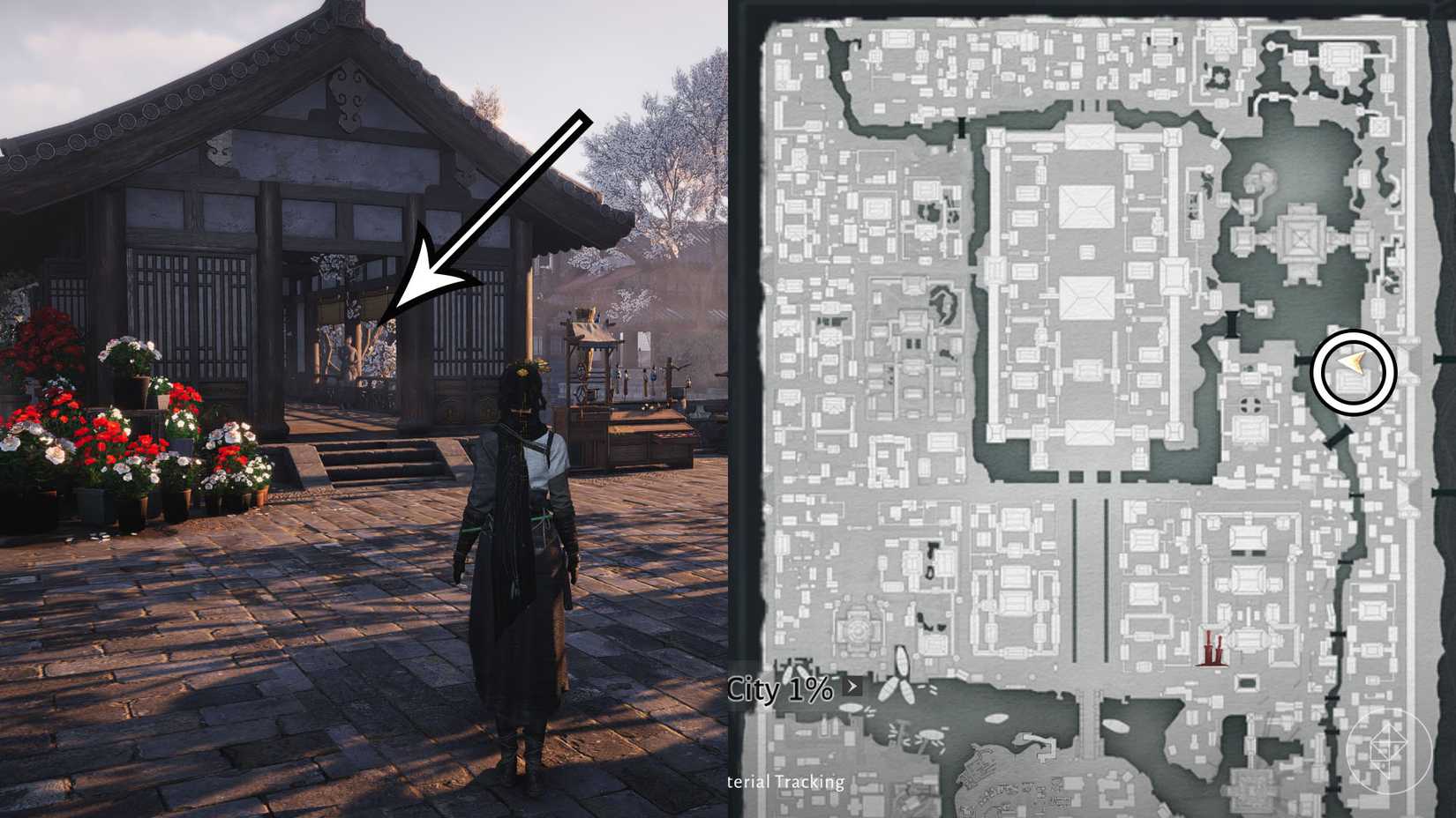 A montage using two Where Winds Meet screenshots showing where players find the exploration quest you need to unlock the Ninefold Umbrella martial art