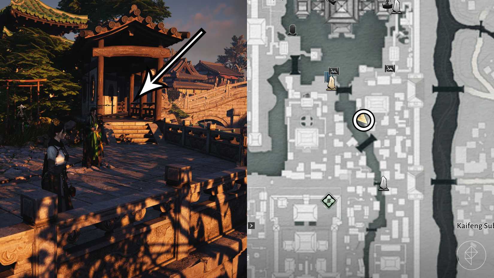A montage using two Where Winds Meet screenshots showing where players find the 3 clue