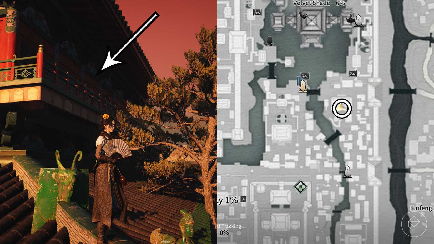 A montage using two Where Winds Meet screenshots showing where players find the fourth clue to unlock the Nienfold Umbrella