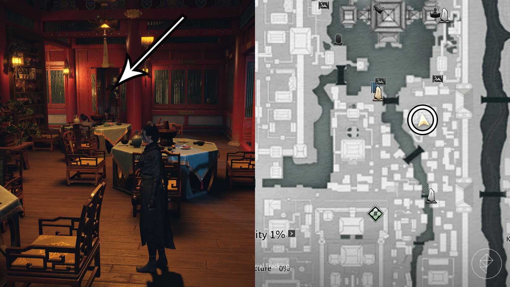 A montage using two Where Winds Meet screenshots showing where players find the fifth clue to unlock the Ninefold Umbrella