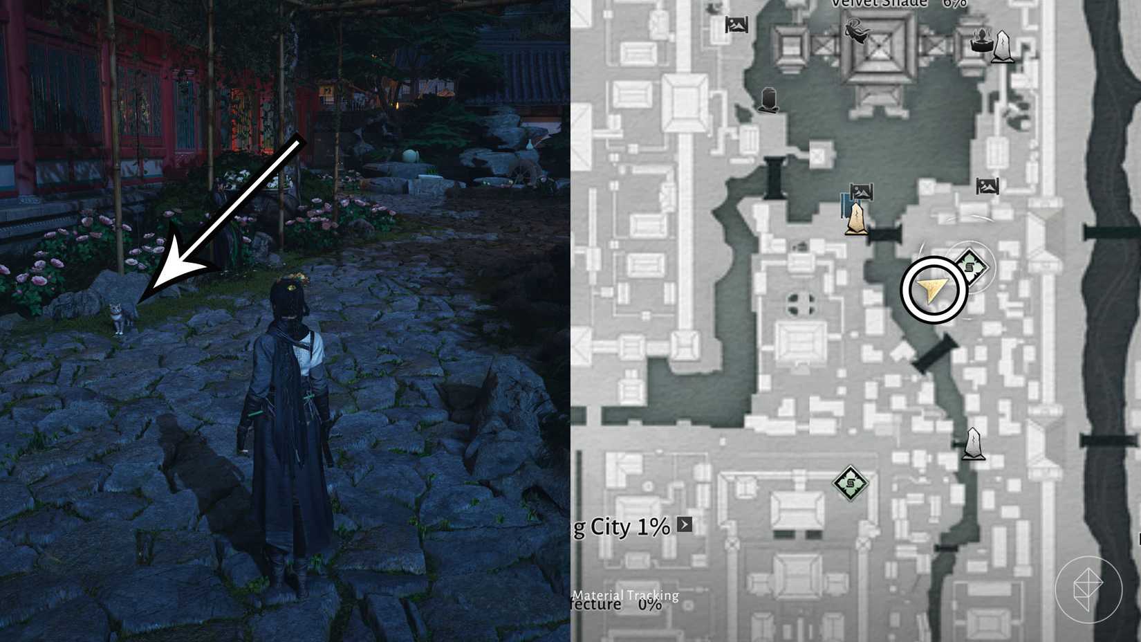 A montage using two Where Winds Meet screenshots showing where players find the sixth clue