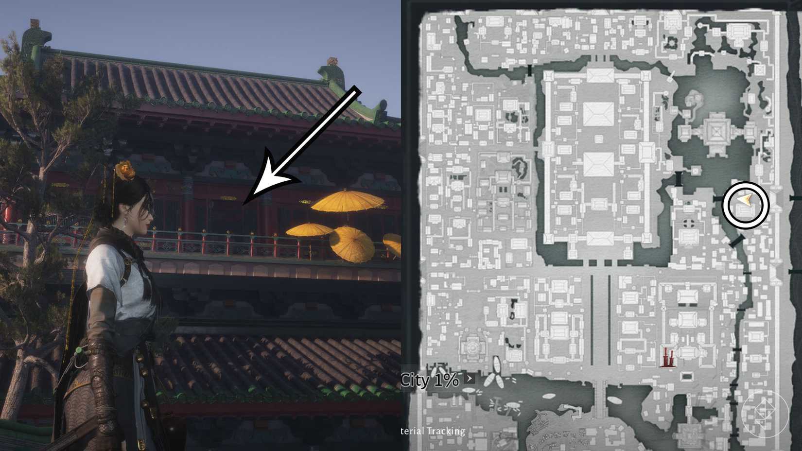 A montage using two Where Winds Meet screenshots showing where players find the Ninefold Umbrella martial art