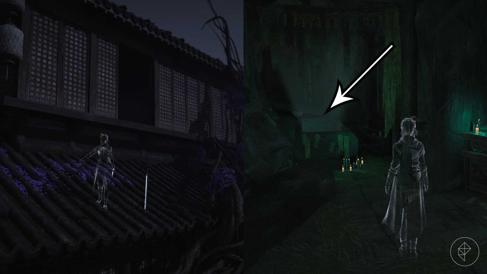 A montage using two Where Winds Meet screenshots showing where players find the Soulshade Umbrella martial art