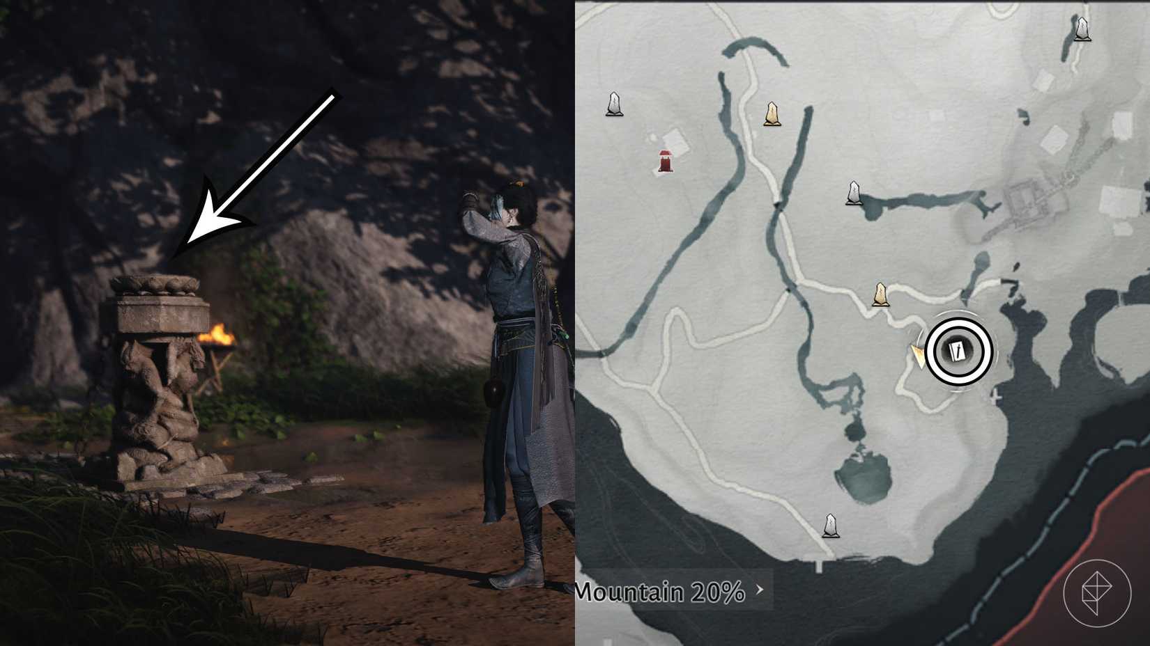 A montage using two Where Winds Meet screenshots showing where players find the Strategic Swordmartial art