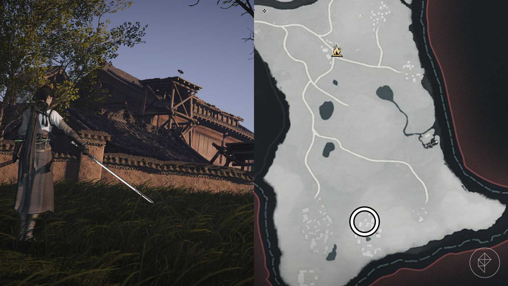 A montage using two Where Winds Meet screenshots showing where players find the Thundercry Blade martial art