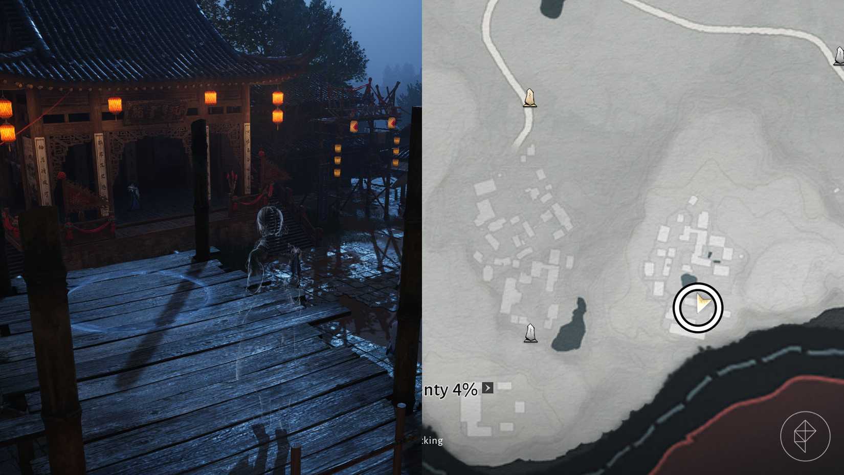 A montage using two Where Winds Meet screenshots showing where players find the Thundercry Blade martial art