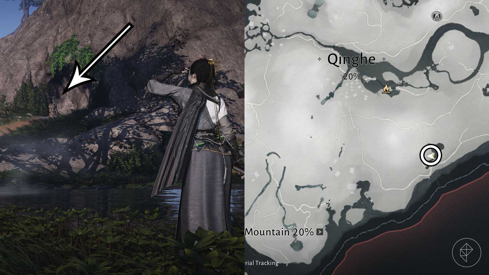 A montage using two Where Winds Meet screenshots showing where players find the Infernal Twinblades martial art