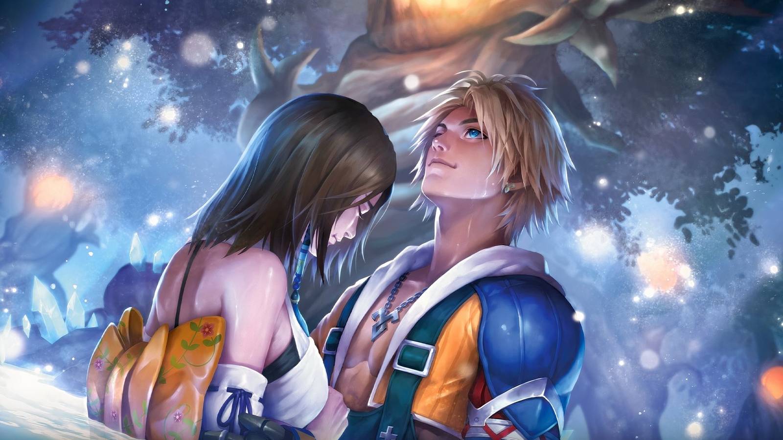 Image of Tidus and Yuna from Final Fantasy 10 standing in the water
