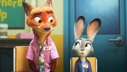 Fox-and-bunny detective partners Nick and Judy side-eye each other dubiously during a group therapy session in Zootopia 2