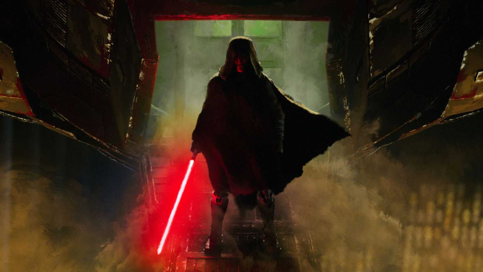 An image of Darth Maul from Shadow Lord. It shows a cloaked figure (Maul) standing on a ship's landing platform.