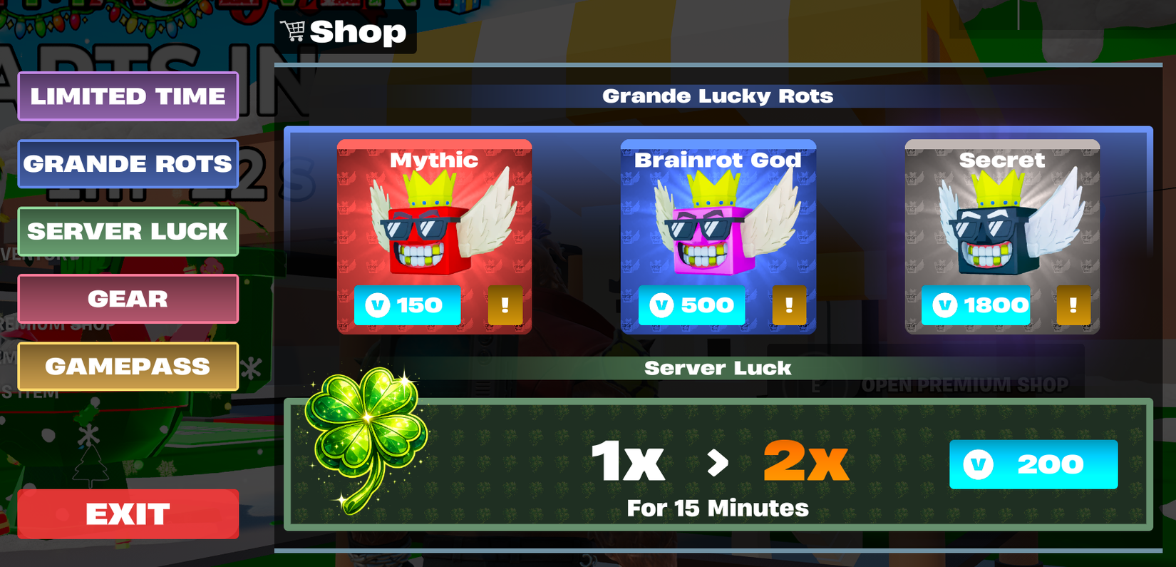 The premium shop menu in Fortnite's Steal the Brainrot creative island