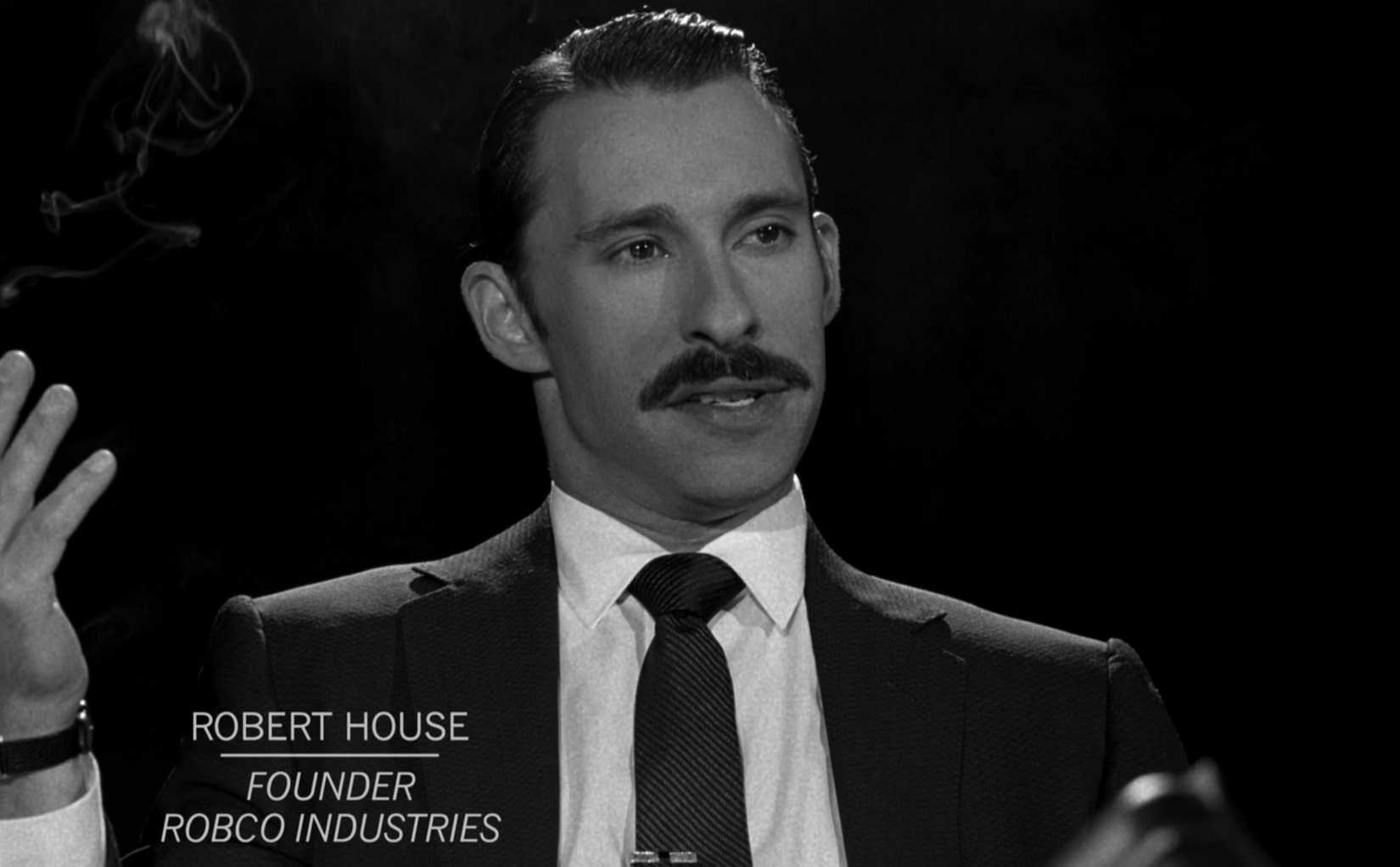 Old black-and-white footage of Mr. House (Rafi Silver) in Fallout season 2