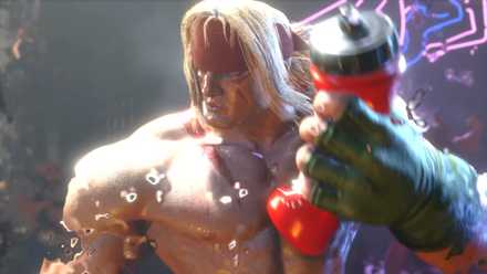 Alex, as portrayed in Street Fighter 6, crushing a water bottle