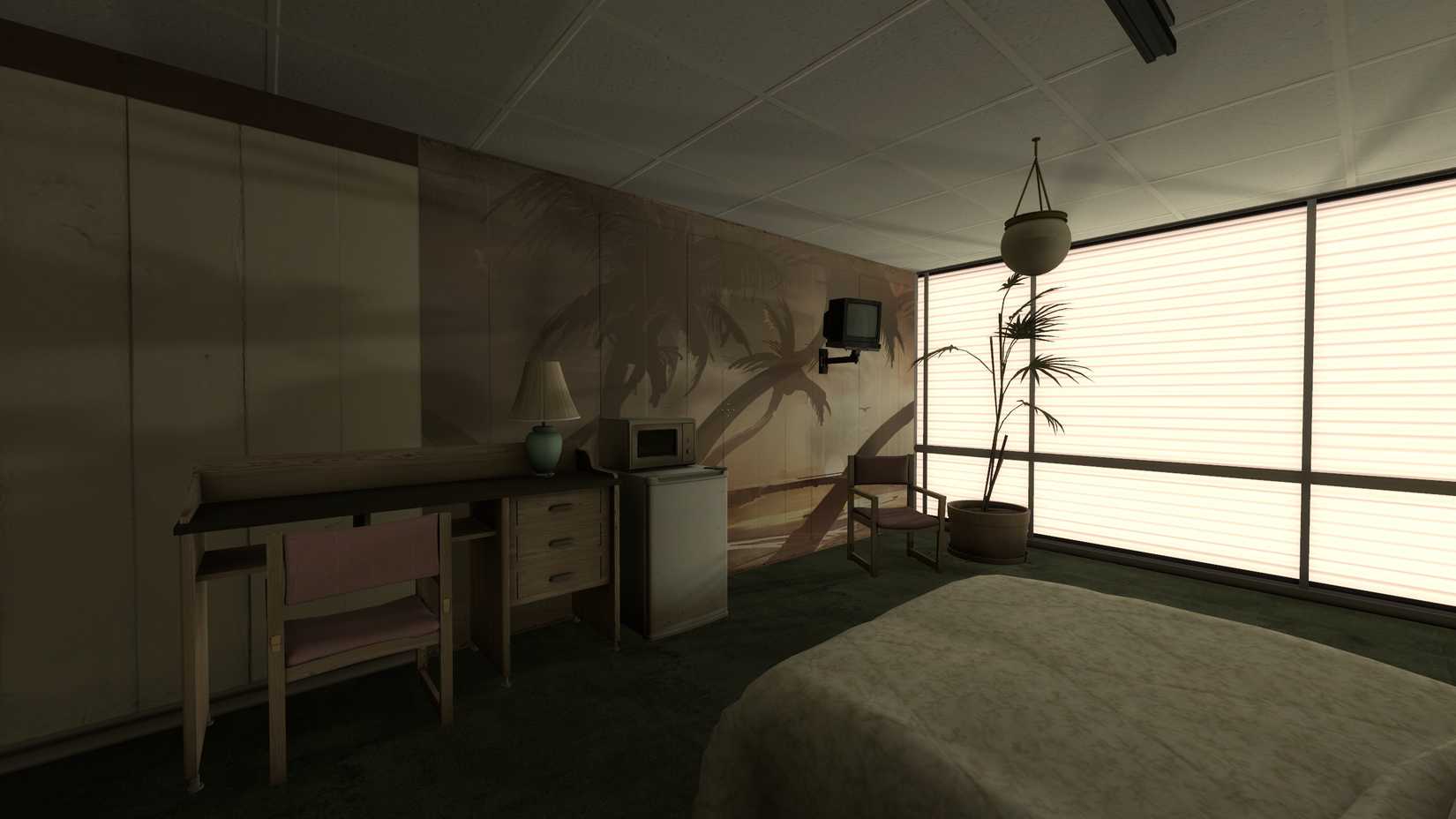 A bland-looking motel-style room in Portal 2