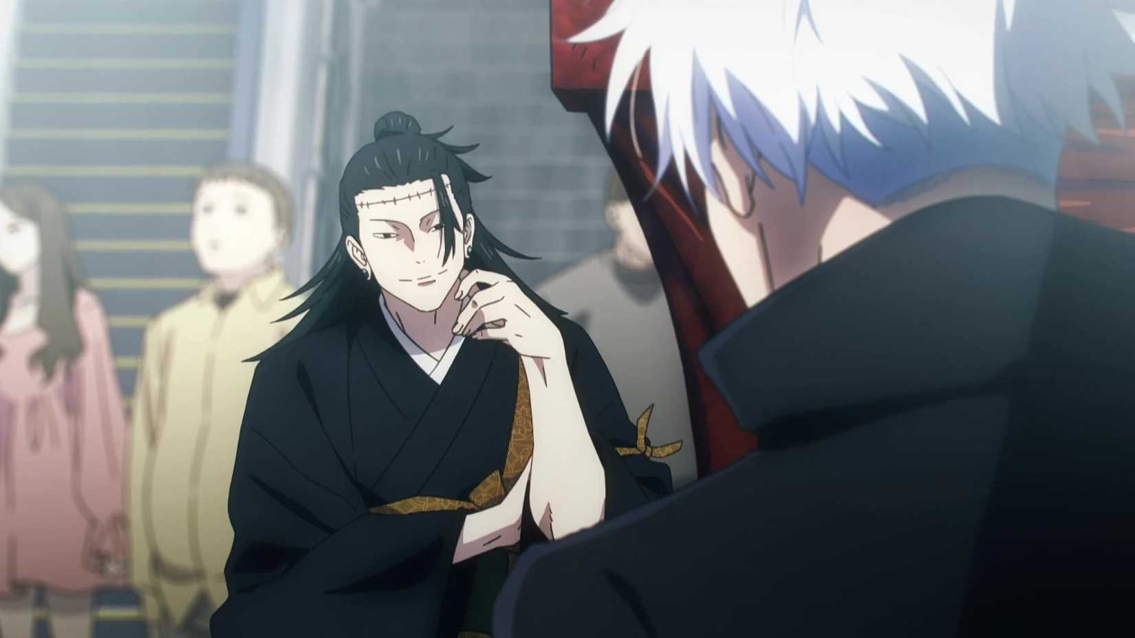 Kenjaku distracts Gojo during the Shibuya Incident in Season 2 of Jujutsu Kaisen