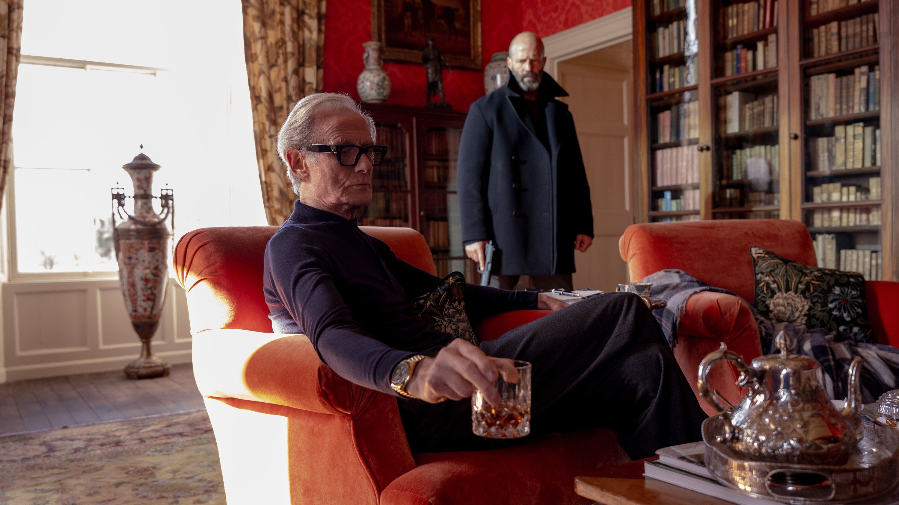 Jason Statham and Bill Nighy in a tense confrontation in Shelter